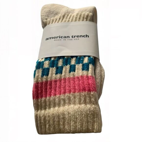 American Trench Retro Check Slouchy Crew Socks; Tile & Pink Striped Knit, USA - Picture 2 of 2